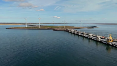 Aerial wide angle panoramic view of the massive Oosterscheldekering storm Stock Footage 339282215