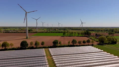 Aerial wide angle panoramic view over rows of industrial greenhouse polytune Stock Footage 339315619