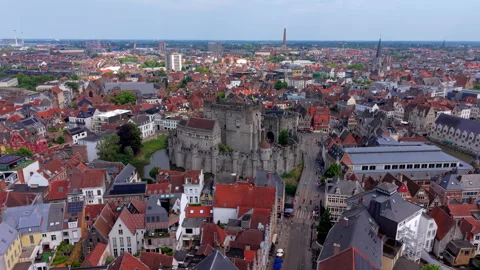 Aerial wide angle panoramic view of Gravensteen medieval castle fortress Stock Footage 339316122
