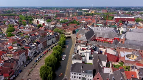 Aerial wide angle panoramic view over a scenic city river canal with tourist Stock Footage 339316145