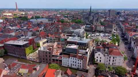 Aerial wide angle panoramic view over historic European city blocks Stock Footage 339361893