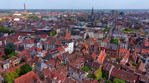 Aerial wide angle panoramic view looking over dense historic European city Stock Footage 339361932