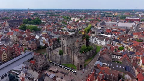 Aerial wide angle panoramic view of Gravensteen medieval castle fortress Stock Footage 339364300