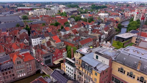 Aerial wide angle panoramic view over historic city blocks with narrow rive.. Stock Footage 339365639