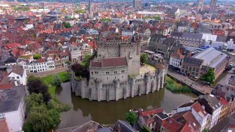 Aerial wide angle panoramic view of Gravensteen medieval stone castle fortress Stock Footage 339365818