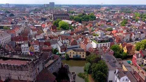 Aerial wide angle panoramic view of Gravensteen medieval stone castle keep Stock Footage 339368062