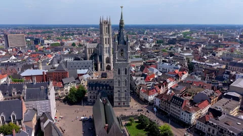 Aerial wide angle panoramic view of the Ghent Belfry tower and Saint Bavo Stock Footage 339368242