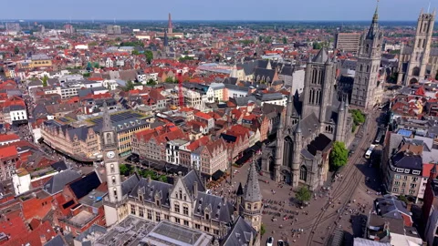 Aerial wide angle panoramic view of Saint Nicholas Church historic town Stock Footage 339368997