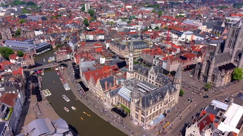 Aerial wide angle panoramic view over Ghent historic old post office building Stock Footage 339411851