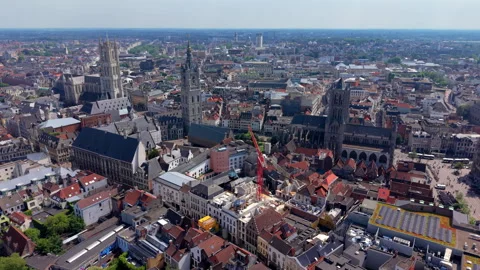 Aerial wide angle panoramic view of three famous historic towers of Ghent Stock Footage 339411985