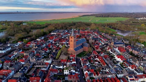 Aerial wide angle panoramic view of a beautiful historic European old town Stock Footage 339977600