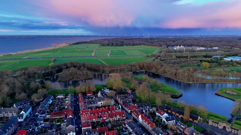 Aerial wide angle panoramic view of a historic medieval town with a star Video stock 339978048
