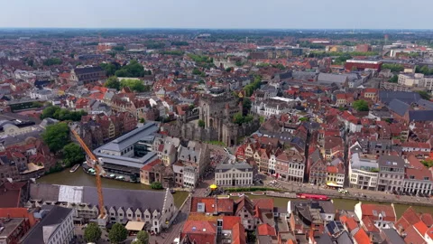 Aerial wide angle panoramic view of a medieval stone castle fortress Stock Footage 339981258