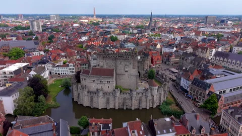 Aerial wide angle panoramic view of the medieval Gravensteen stone castle Stock Footage 340037642