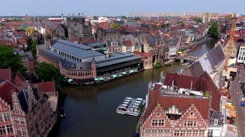 Aerial wide angle panoramic view of tourist boats on a winding river canal Stock Footage 340037644