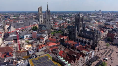 Aerial wide angle panoramic view of the three famous historic towers of Ghent Stock Footage 340037900