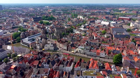 Aerial wide angle panoramic view of the dense historic center of Ghent Stock Footage 340038648