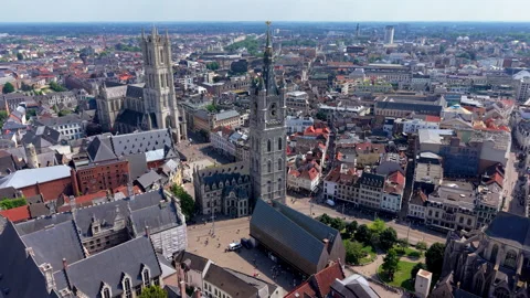 Aerial wide angle panoramic view of the majestic historic Ghent Belfry tower Stock Footage 340038828