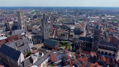 Aerial wide angle panoramic view of the three historic towers of Ghent Stock Footage 340039487