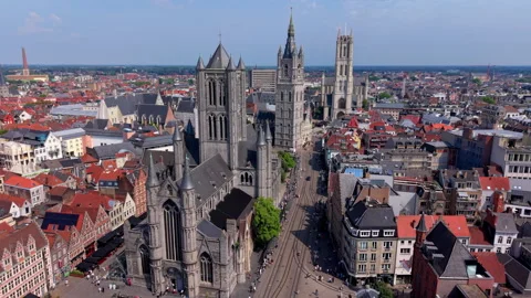 Aerial wide angle panoramic view of the three famous historic towers of Ghent Stock Footage 340039881