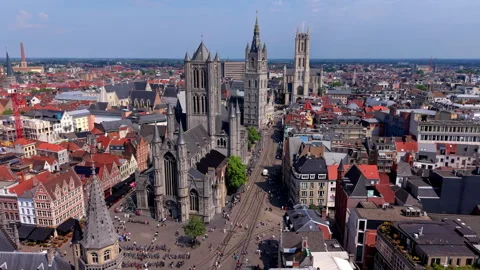 Aerial wide angle panoramic view of the three iconic towers of Ghent Stock Footage 340040996