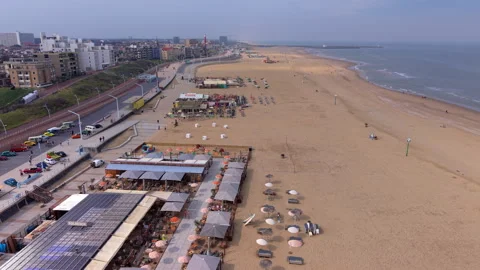 Aerial wide angle panoramic view of colorful summer beach clubs restaurant Stock Footage 340105360