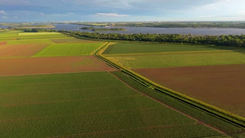 Aerial wide angle panoramic view of vast geometric agricultural patchwork Stock Footage 340105984