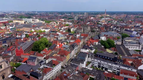 Aerial wide angle shot over a historic European city center with traditional Stock Footage 338306568