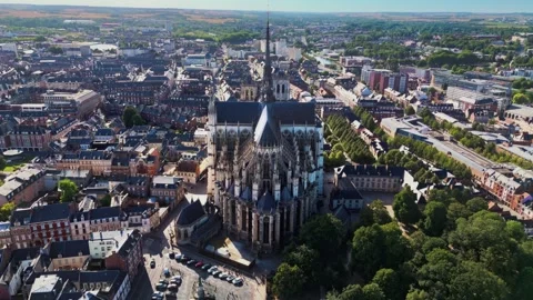 Aerial wide angle static drone view of the Notre Dame D'amiens in France at Stock Footage 341315136