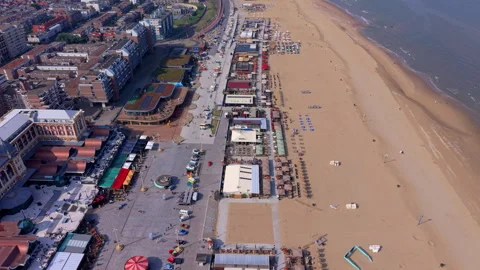Aerial wide angle view of the historic Kurhaus hotel building and a lively Stock Footage 340041899