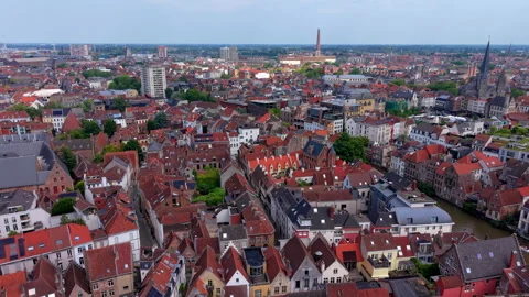 Aerial wide angle view over a dense historic European city center with trad.. Stock Footage 338306967