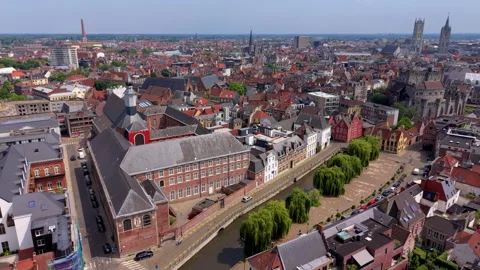 Aerial wide angle view over a historic European city center with a calm river Stock Footage 338416591