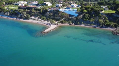 Aerial wide angle view of scenic beach and luxury resorts in Greece Stock Footage 343940661