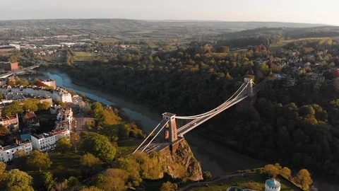 Aerial: Wide of Clifton Suspension Bridge Bristol City England at Sunset Stock Footage