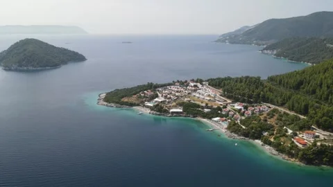 Aerial wide drone forward shot of Skopelos resort Stock Footage 336608074