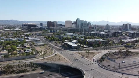 Aerial Wide push back shot of Downtown Phoenix near I-10 Stock Footage