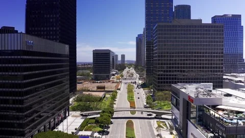 Aerial wide reverse pullback shot over Avenue of the Stars in Century Stock Footage 209246986