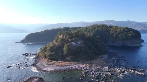 Aerial Wide Shot of Manazuru Peninsula Forest and Sea Japan 4K Video stock 329058198