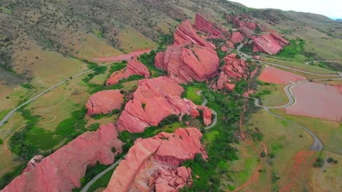 Aerial wide shot of Red Rocks Park and Amphitheatre on beautiful day. Stock Footage