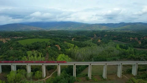 Aerial wiev drone Tuscany landscape Balze Laterina Arezzo Train bridge passes by Stock Footage
