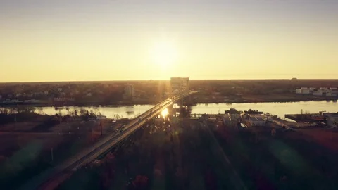 Aerial Wilmington NC and Cape Fear River at Sunrise Stock Footage