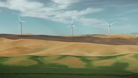 Aerial: Wind Turbines in wheat fields, Washington, USA Stock Footage 159713689