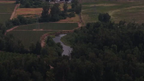 Aerial of winding Molalla river through crops and agricultural fields in Oregon Video stock 338351031