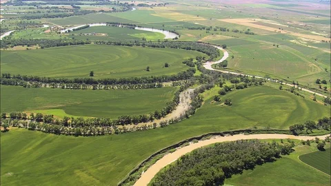 Aerial of winding river stream flowing through green field surrounded by trees Stock Footage 109459957