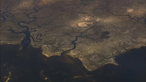 Aerial of winding river stream pattern, Looking down on tributaries Stock Footage 109143928