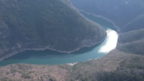 Aerial the winding river through the deep Wushan Small Three Gorges landscape Stock Footage 342306353