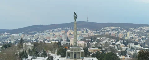 Aerial Winter Bratislava - War Memorial - Military Monument Slavin Video stock 168484553