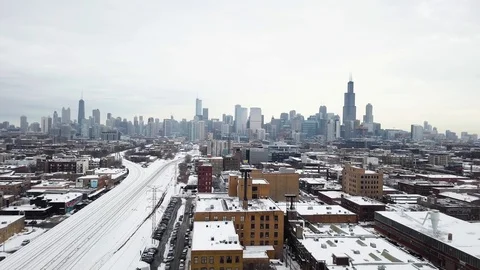 Aerial winter Chicago industrial skyline Stock Footage