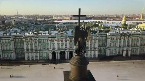 Aerial winter close up of Alexander Column Angel, Palace Square, St Petersburg Stock Footage 143167189