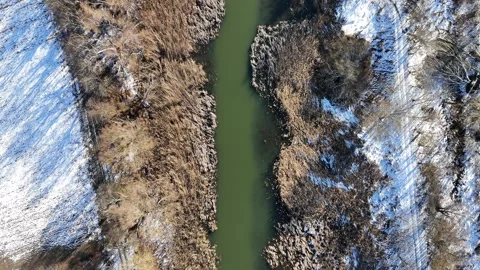 Aerial Winter Contrast: River Between Snow-Covered Fields and Frosty Vegetation Stock Footage 281113180